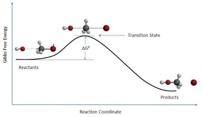 Figure with Gibbs free energy plotted as a function of reaction coordinates, with final energy lower than starting energy.