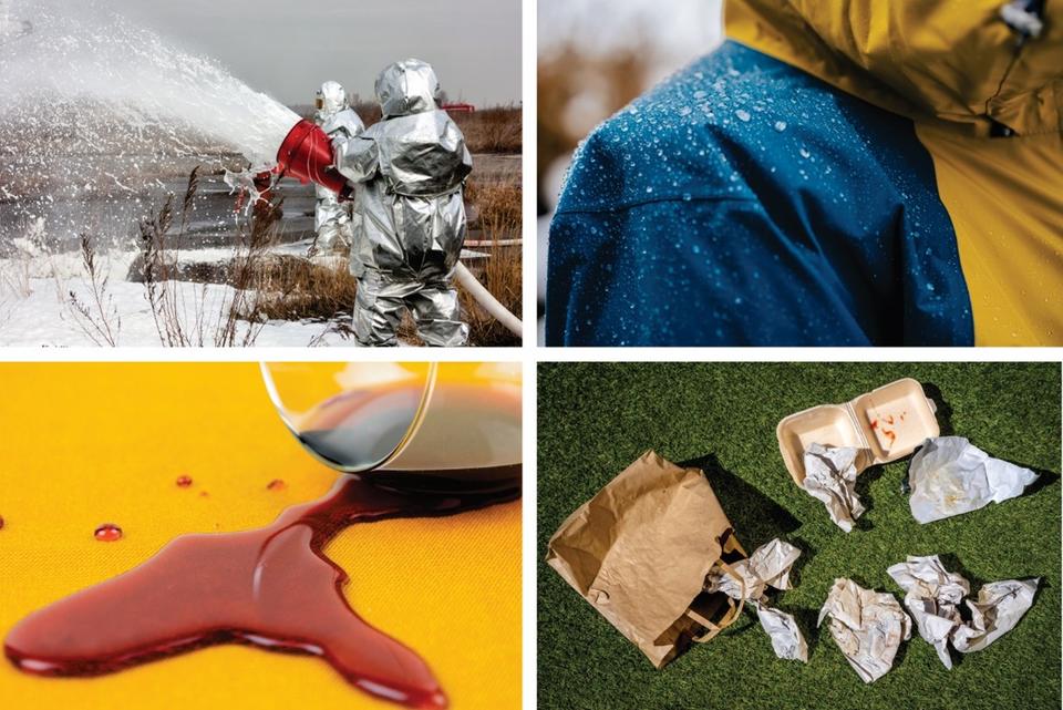 Photo montage showing fill the airplane with fire-fighting foam, a spilled glass of wine on the tablecloth. Cleaning clothes and furniture from stains, Discarded Fast Food Wrappers Littered on Ground, wateproof jacket with water droplets on it. Jacket using the gore-tex technology.