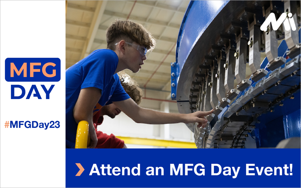 Photo showing students attending an MFG Day Event at a manufacturing facility. #MFGDay23