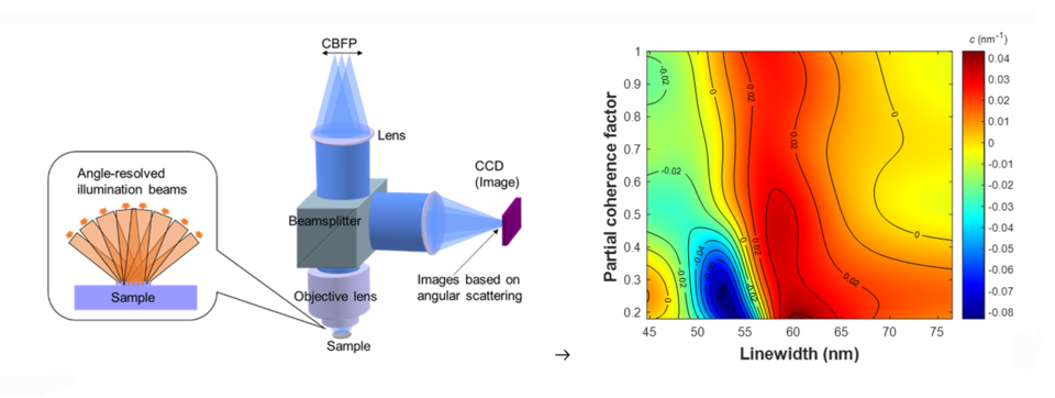 Schematic of optical microscopy with angle-resolved illumination controlled at conjugate back focal plane (left) and sub-nm dimensional sensitivity map with optimized partial coherence (right)