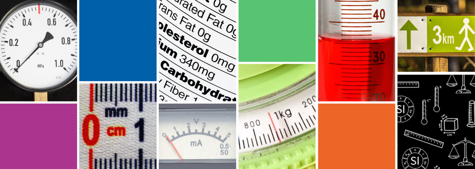 Collage with Metric images including: Scale, measuring tape, nutrition label, voltage meter, tube, sign