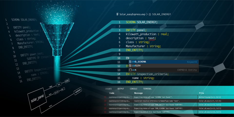 NIST easyEXPRESS software visual showing lines of code and additional context on errors and suggestions