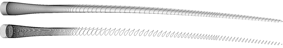 Diagram shows two turbine blades horizontally, one over the other, with the lower one pulled apart to show the shape in cross sections. 