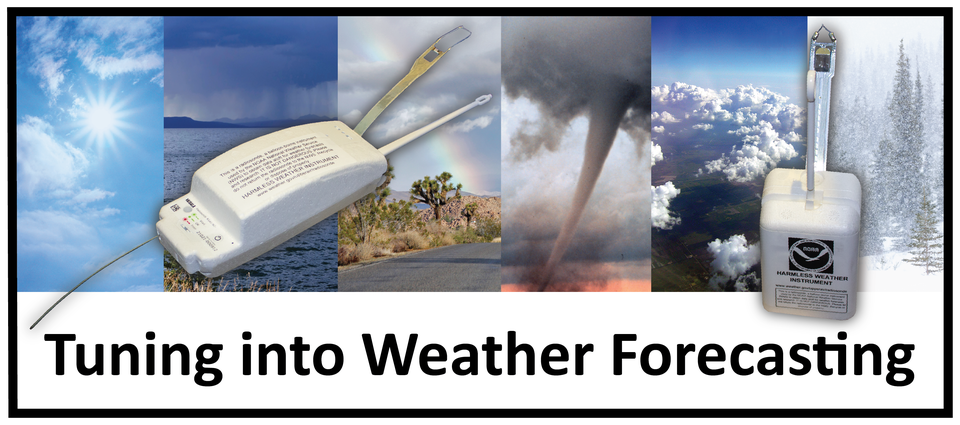 Tuning into Weather Forecasting Exhibit Title Thumbnail depicting two modern radiosondes and six images of various weather conditions.
