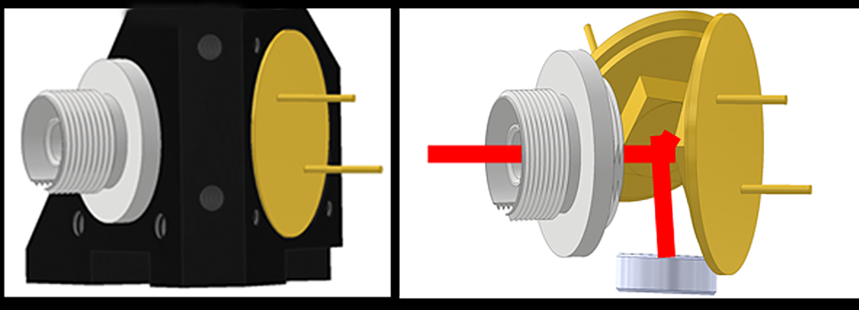 Two-part diagram shows black device with round opening on the left side, exterior and interior views. 