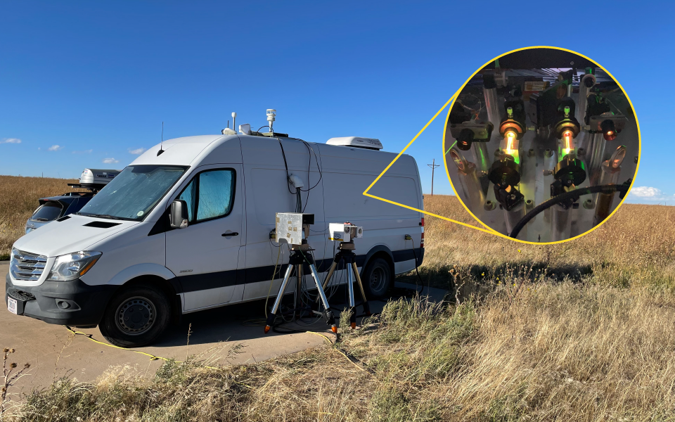 A white van is parked in the Colorado plains. An inset shows a mid-infrared laser system, which is housed inside of the van.