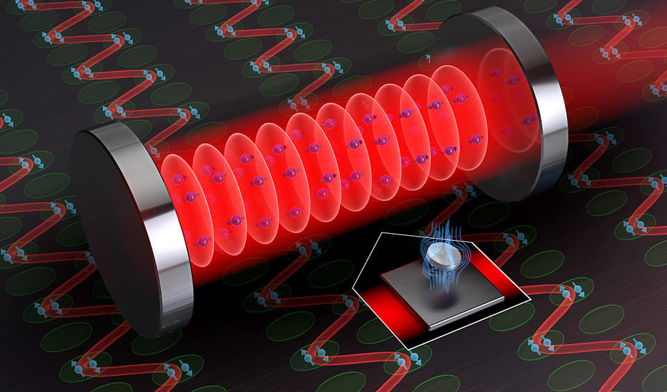 Illustration shows pairs of strontium atoms with arrows indicating their alignment inside a QED cavity, with a levitating magnet beside it.