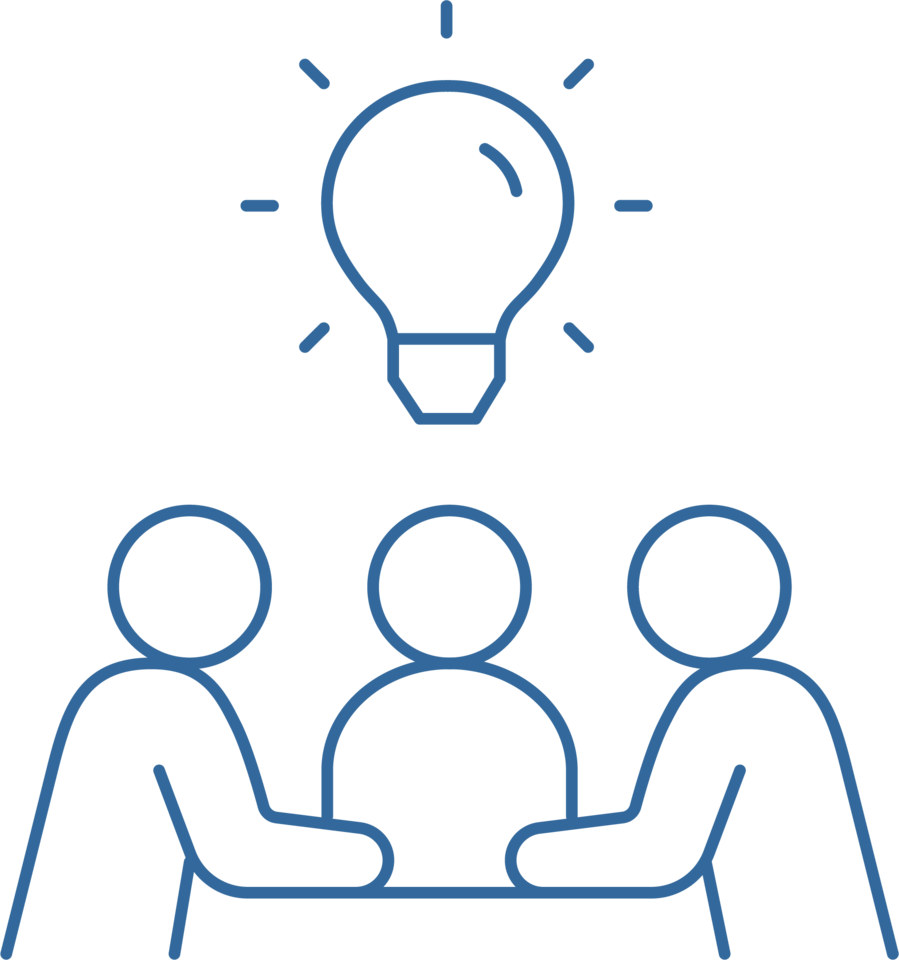 A line drawing of people sitting around a table with a lightbulb above them.
