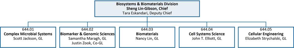 Organization Chart for Biosystems and Biomaterials Division showing five technical groups and each group's leader
