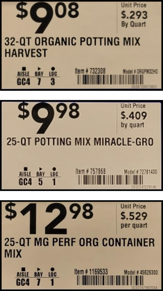 Series of unit price labels for packaged soil