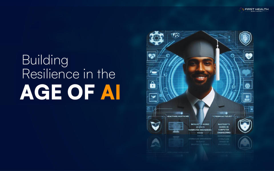 Build Resilience in the Age of AI showing a man standing with a graduation cap and suite on with cyber icons around him.