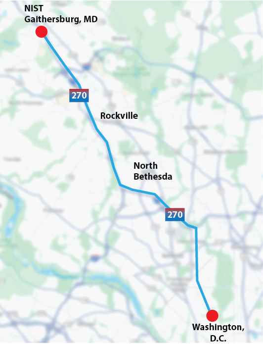 Map of the 19.4 mile/ 31,221.27 meter journey north from D.C. campus to Gaithersburg.