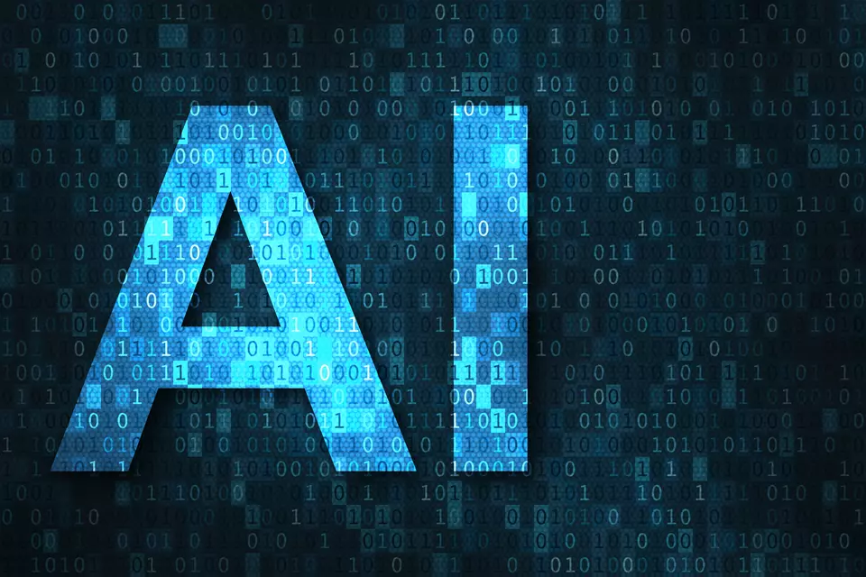 The letters "AI" appear in blue on a background of binary numbers, ones and zeros. 
