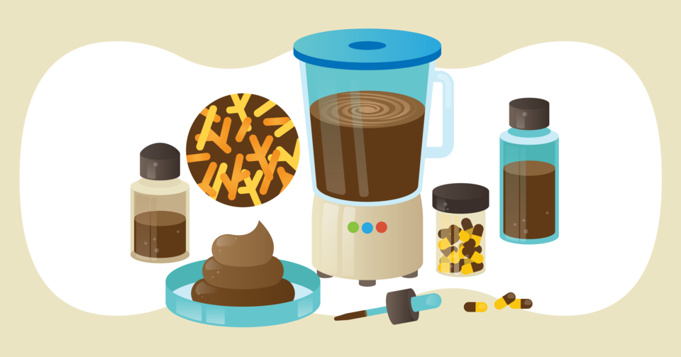 Illustration shows blender with brown material alongside vials of brown liquid and pills, and a petri dish holding poop. 