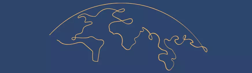 Dark blue background with gold lines depicting a flattened globe