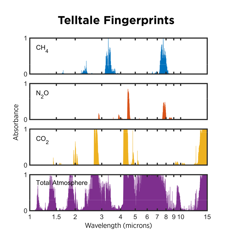 Four charts show the differing peaks of spectroscopy results for methae, nitrous oxide, carbon dioxide, and total atmosphere. 
