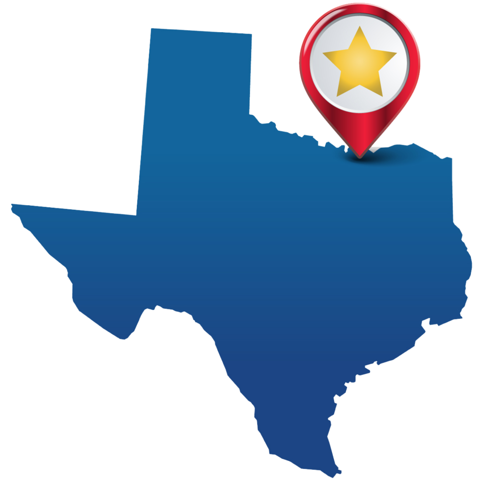 Texas state graphic with star pin on Sherman