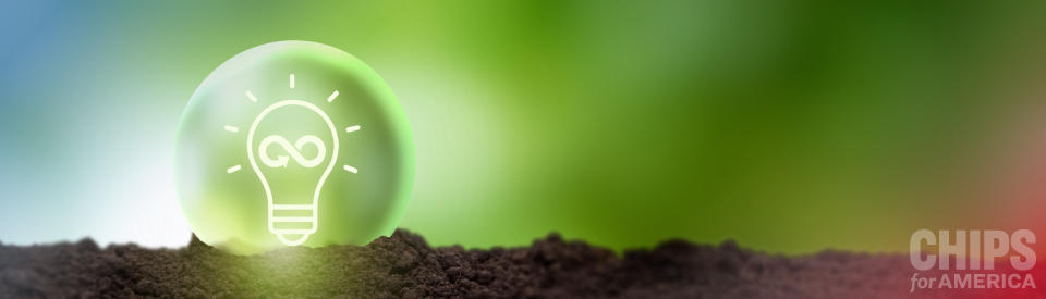 banner image showing a sphere on the soil with a lightbulb and sustainability loop graphic inside of it