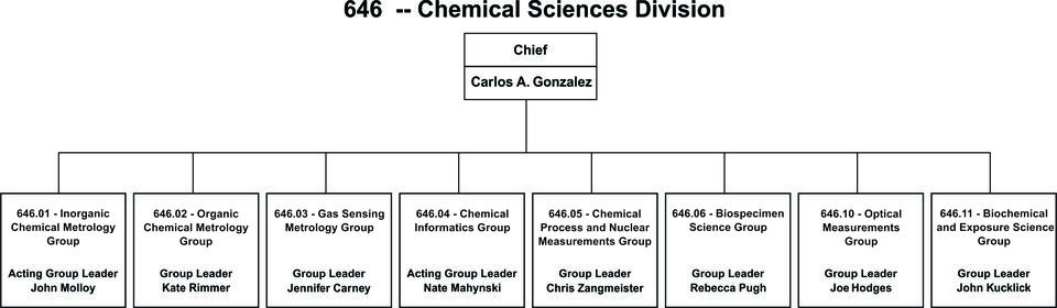 An organization chart with management and 8 groups.