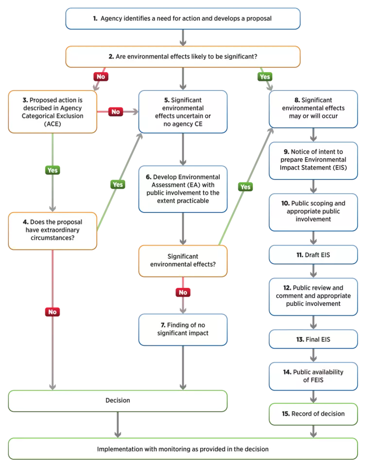 flowchart displaying the NEPA Process and the decision-making points where a yes or no response can route a user down a different path of steps