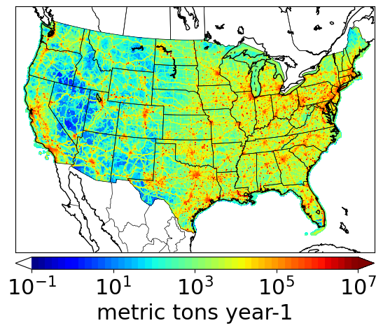 Map of the United States showing a lot's of red dots in California indicating more than 10E7 metric tons of fossil fuel CO2 per year and spreading across the United States from city to city in a series of connecting dots with major cities in the mid- to eastern shore showing the most. The background indicates that most areas outside of cities are showing 10E3 metric tons per year of fossil fuel CO2 and only in the dessert areas (much of Nevada) and in forested or lake regions are emissions are near zero.