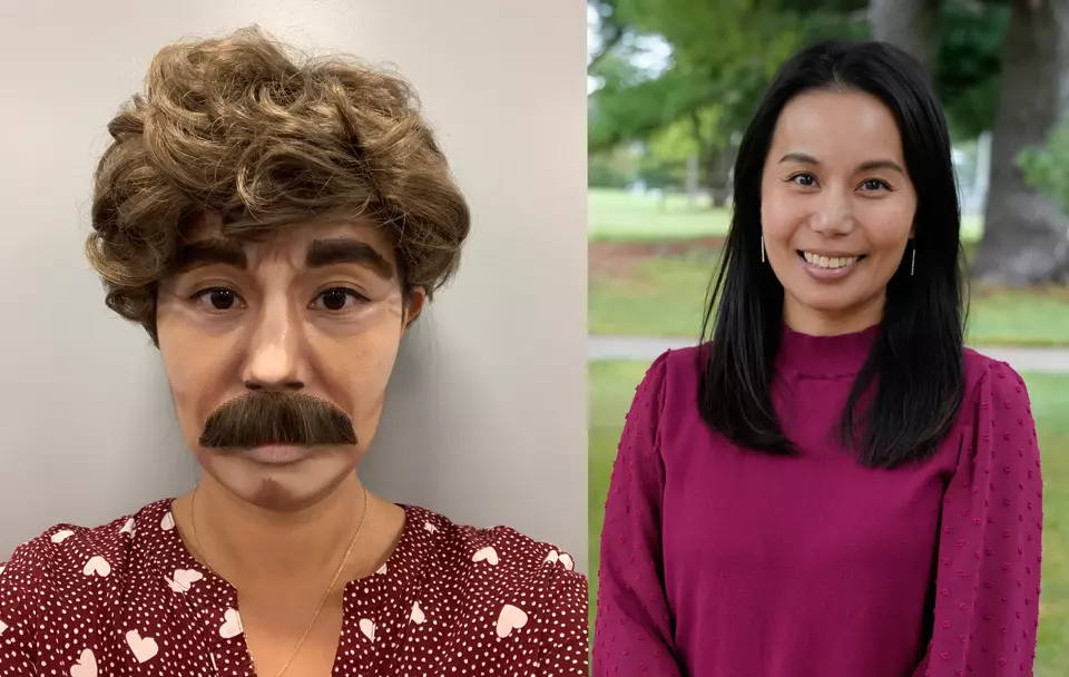 Side-by-side photos show Mei Lee Ngan disguised with a wig, moustache and makeup (left) and as her normal, smiling self (right). 