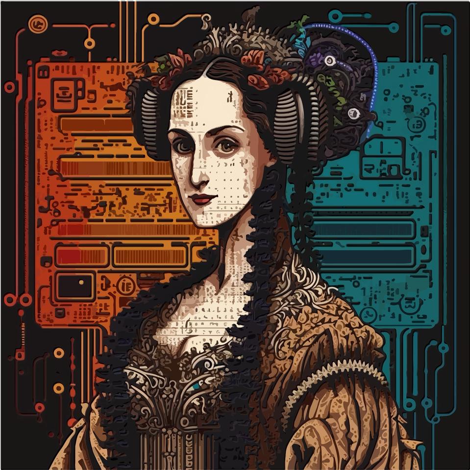 Drawing depicting a portrait of Ada Lovelace in front of a computer circuit board