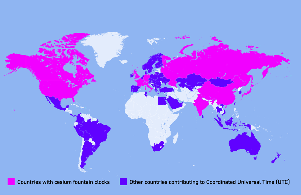 world map. Countries shaded in pink and blue to designate those countries contributing to UTC.