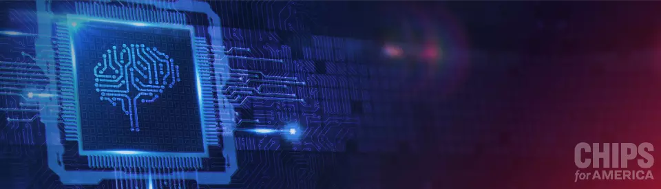 AI microchip digital image with CHIPS for America wordmark