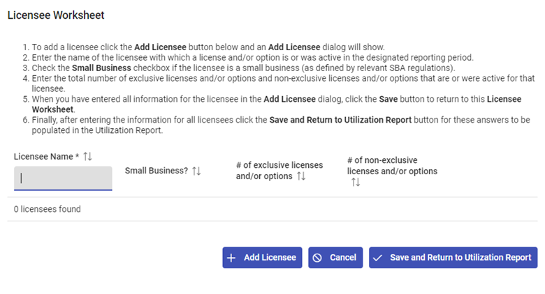 License Worksheet Add Licensee Button Example