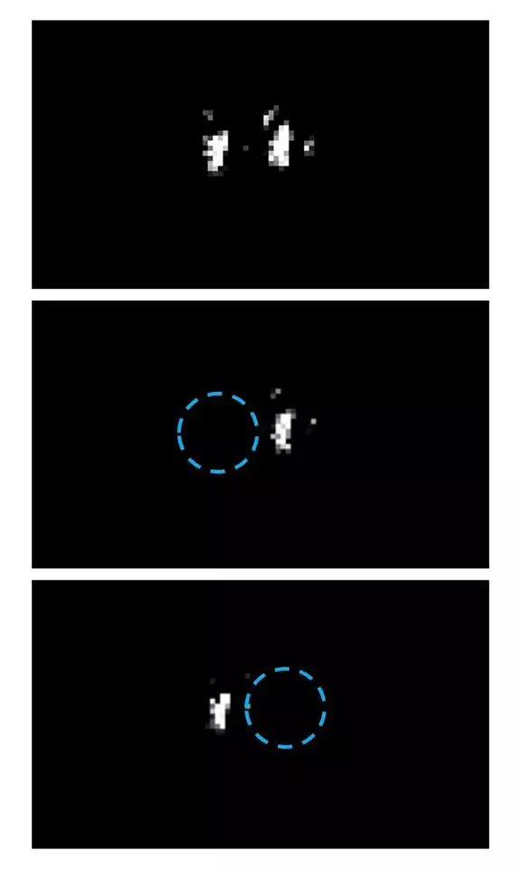 Three microscope images arranged vertically show ions as white dots on a black background.