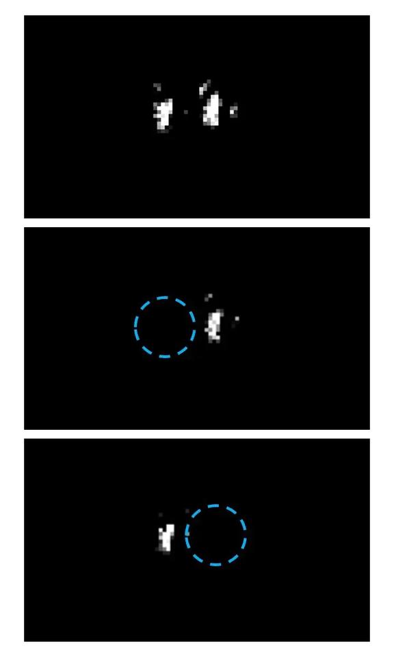 Three microscope images arranged vertically show ions as white dots on a black background.