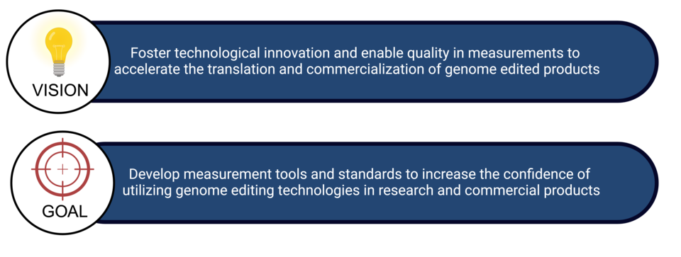 Infographic depicting the vision and goal for the NIST Genome Editing Program. On top is a circle with a light bulb icon representing the vision. Extending from the circle is a dark blue text box with white text describing the vision. Similarly, on the bottom is a circle with a target icon indicated for the goal and a dark blue text box with white text defining the goal of the program.
