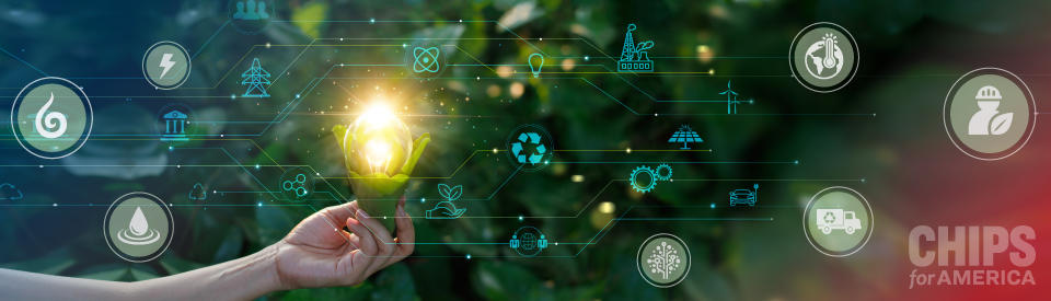 banner image showing hand holding a plant with a lightbulb in it with various environmental sustainability icons in the background