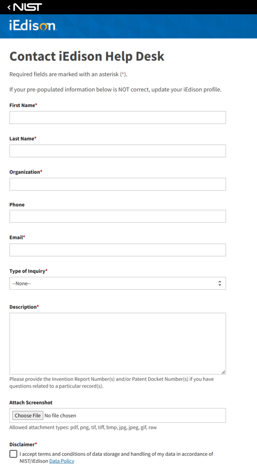 iEdison Help Desk Form