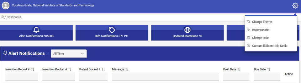Screenshot of iEdison Dashboard that shows the Settings Gear in Top Right Hand Corner to Access iEdison Help Desk Form