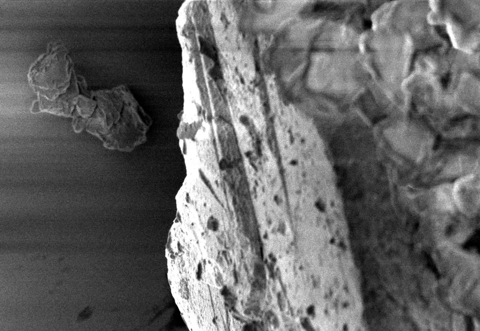 Black and white enlarged image of moon dust particle