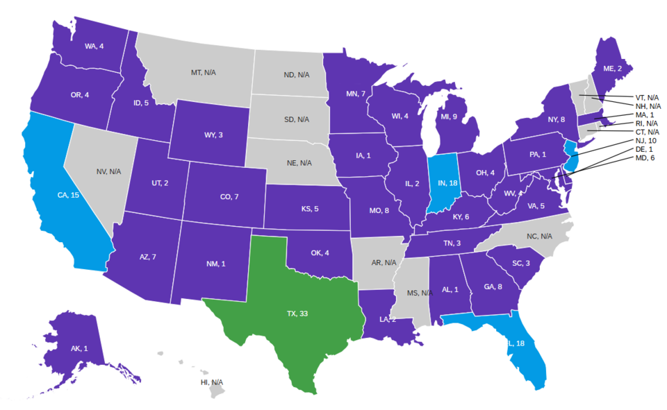 Map showing the number of OSAC Registry Implementers per state