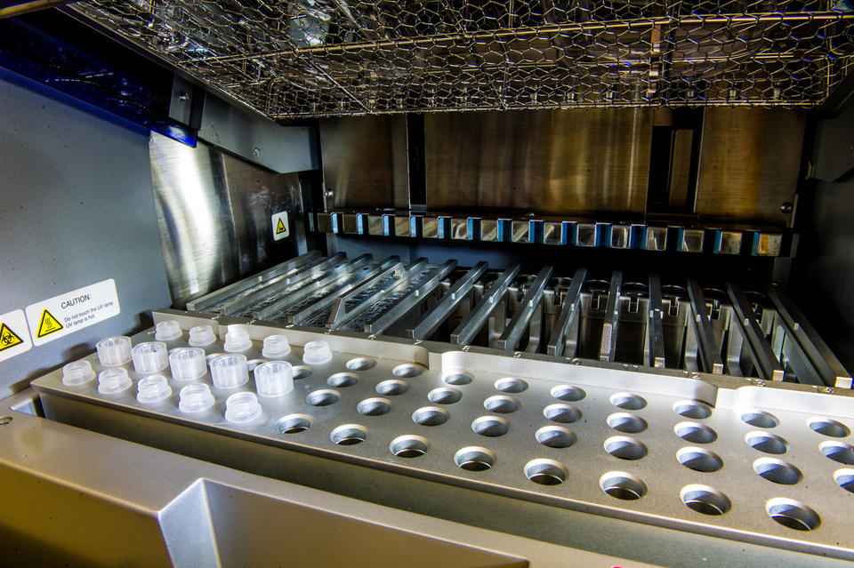 The inside of a DNA extraction robot hold tube in a rack