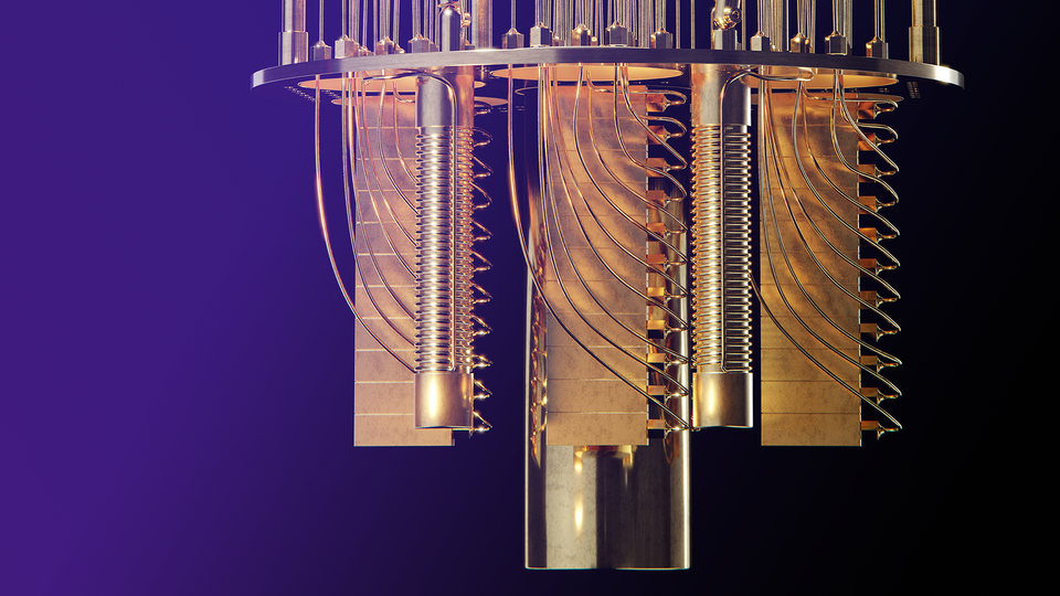 Close up of a quantum computer with a black and purple ombre background.