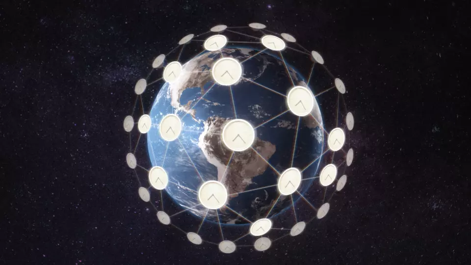Illustration shows Earth surrounded by a network of analog clocks.