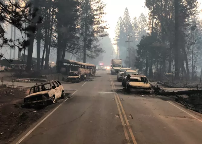 A two-lane highway lined with the burnt remains of vehicles that were destroyed by fire while in traffic.