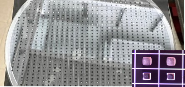 Circular metallic wafer has a grid of tiny holes. Inset shows close-up of grid with square holes. 