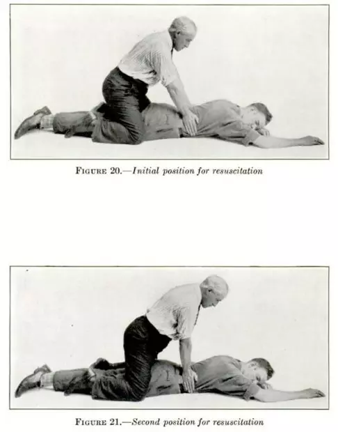 Two historical instructional photos show a man kneeling over another man who is face down and unconscious.