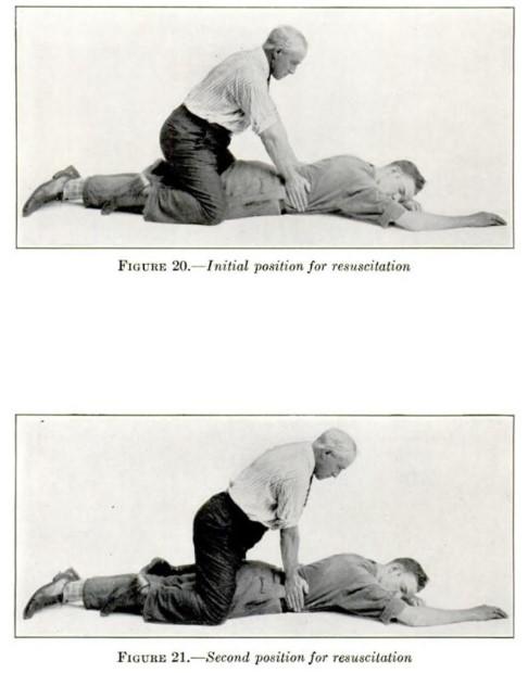 Two historical instructional photos show a man kneeling over another man who is face down and unconscious.