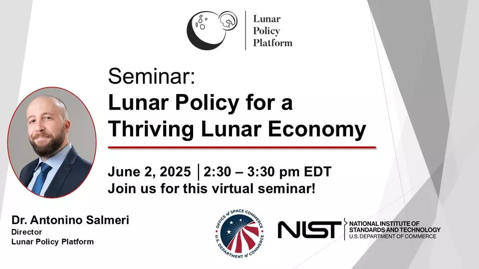 Event graphic with Lunar Policy Platform, OSC, and NIST logos, photo of speaker, and event name, date, and time details.