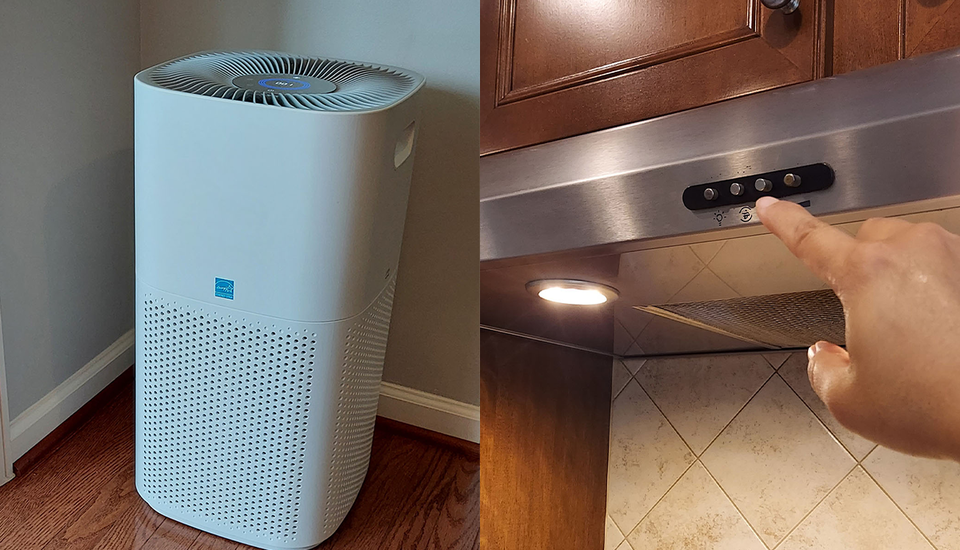 Side-by-side photos show a freestanding home air cleaner and a hand reaching toward a kitchen stove hood control panel. 