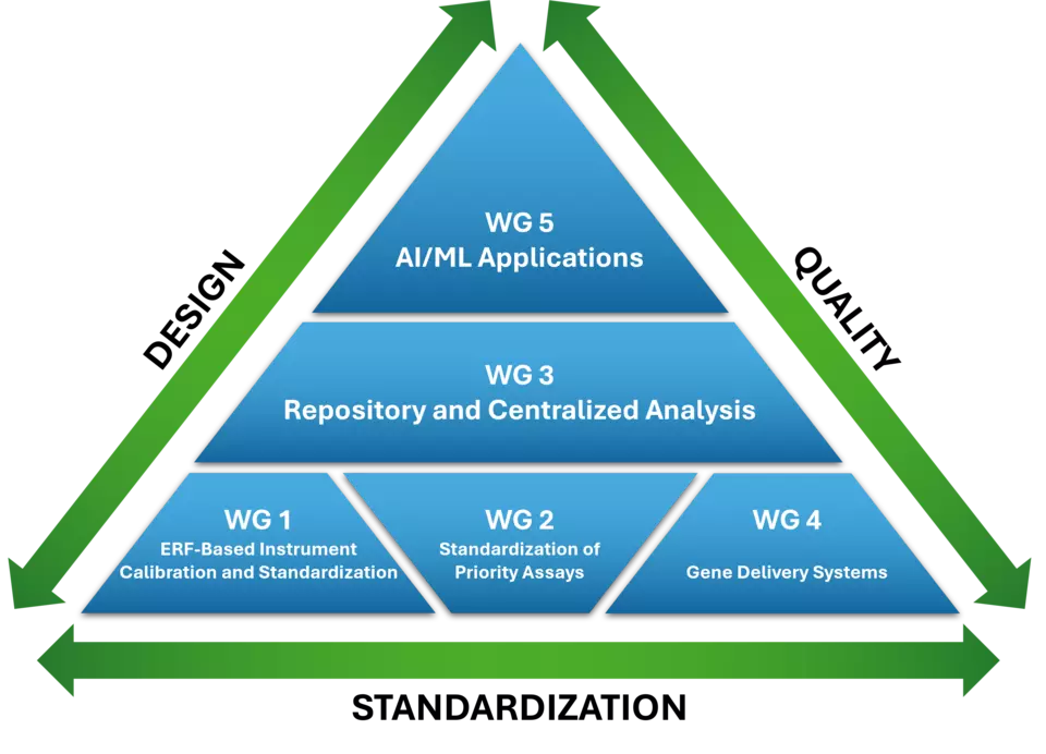 Schematic illustration of NIST FCS Consortium working groups as a pyramid with WGs 1, 2 and 4 at the base, WG 3 in the middle and WG 5 at the point.  On each edge,  dual headed arrows showing connectivity of concepts design, standardization, and quality.