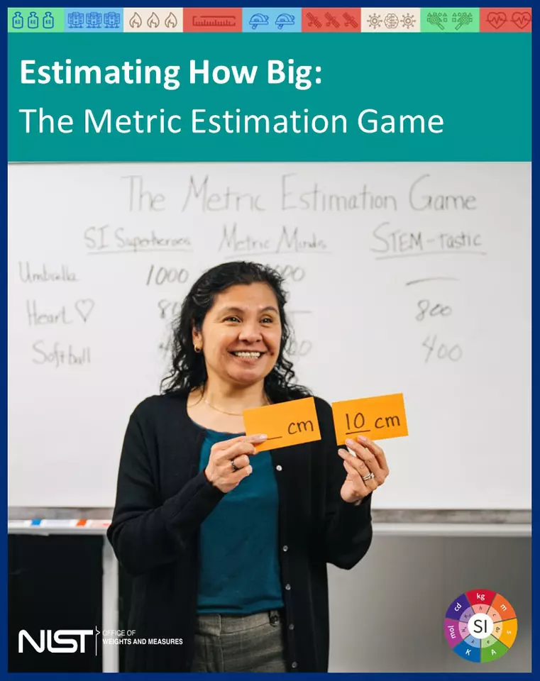 Metric Estimation Game facilitator, Isabel Chavez Baucom, demonstrates unit symbol writing style to participants as they stand in front of a  white board that displays the game score.