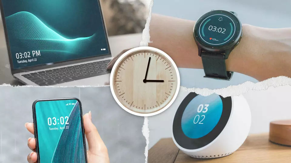 Illustration shows analog clock in center with laptop, smartwatch, digital clock and phone all showing the same time.